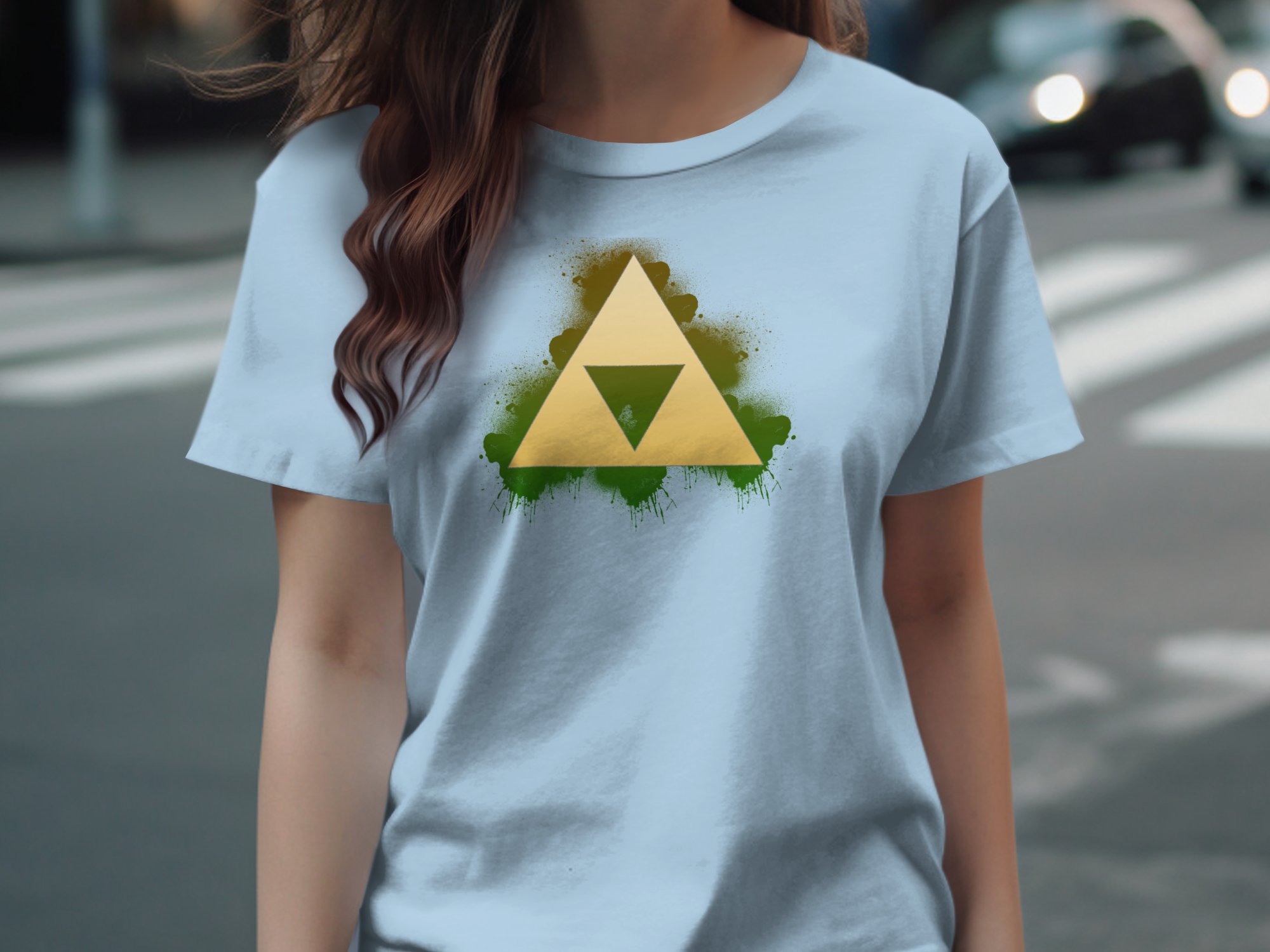 Gold Triangle Emblem Graphic with Green Spray Paint T-Shirt - Image 8