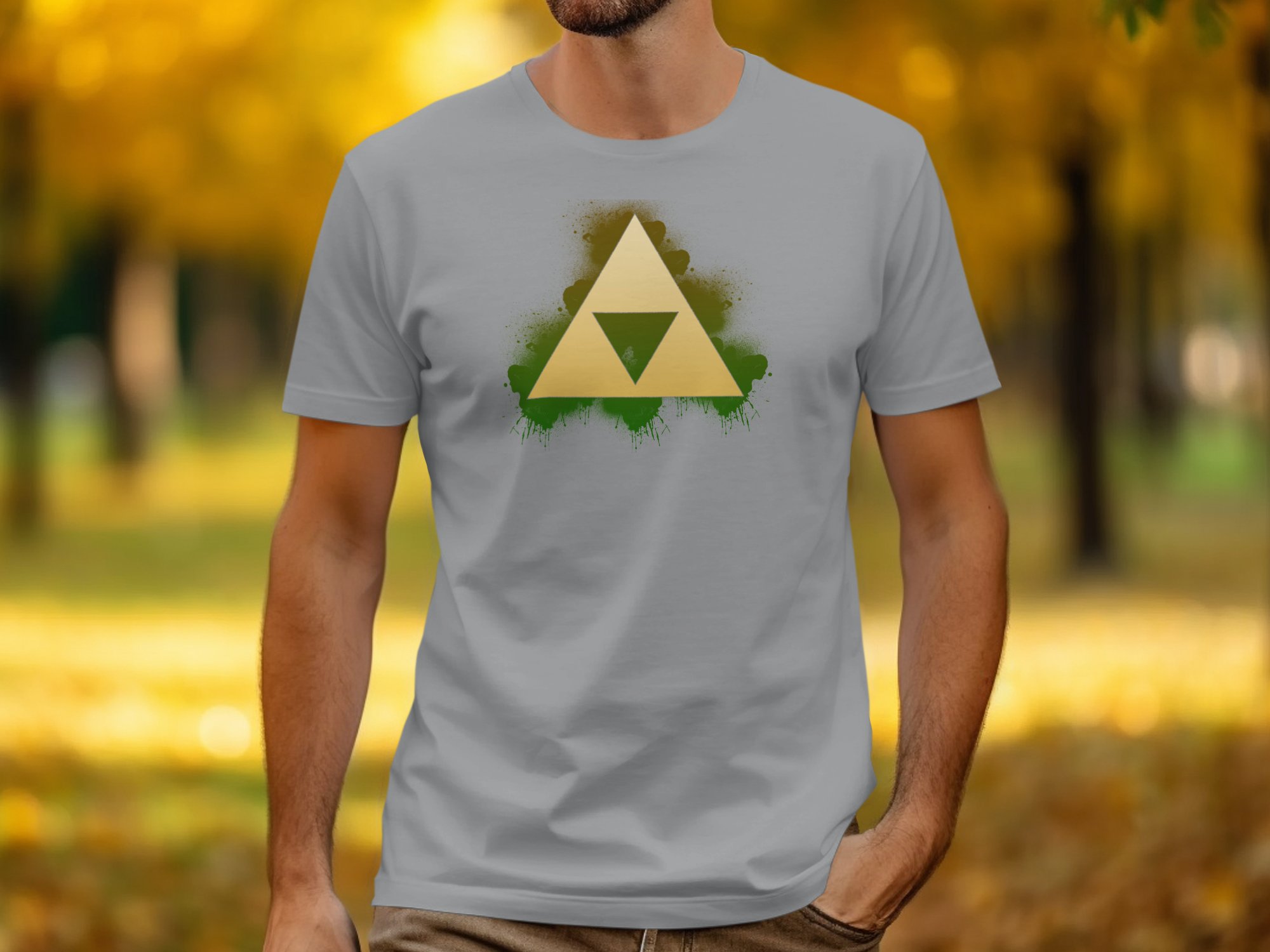 Gold Triangle Emblem Graphic with Green Spray Paint T-Shirt - Image 6