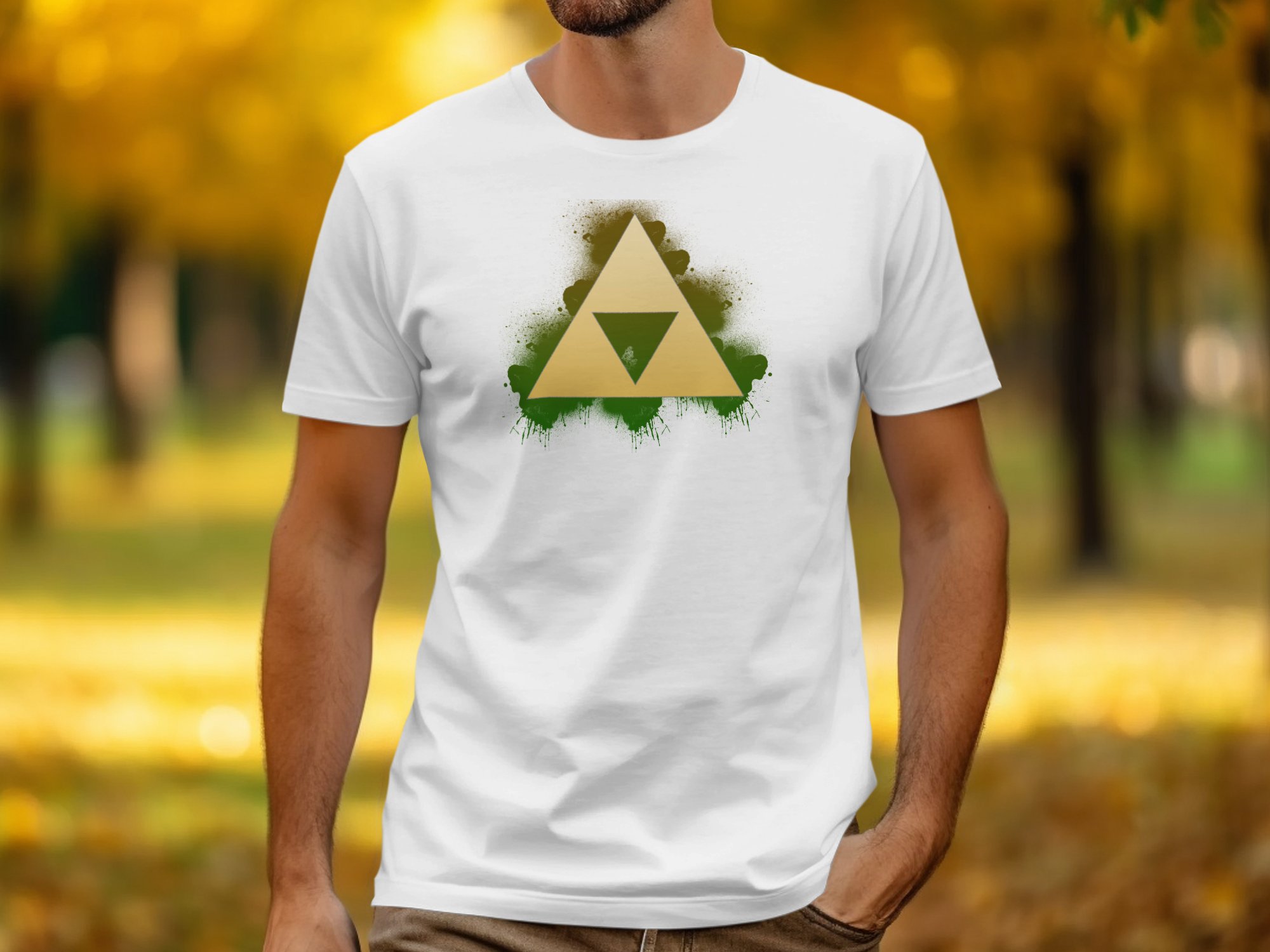 Gold Triangle Emblem Graphic with Green Spray Paint T-Shirt - Image 7