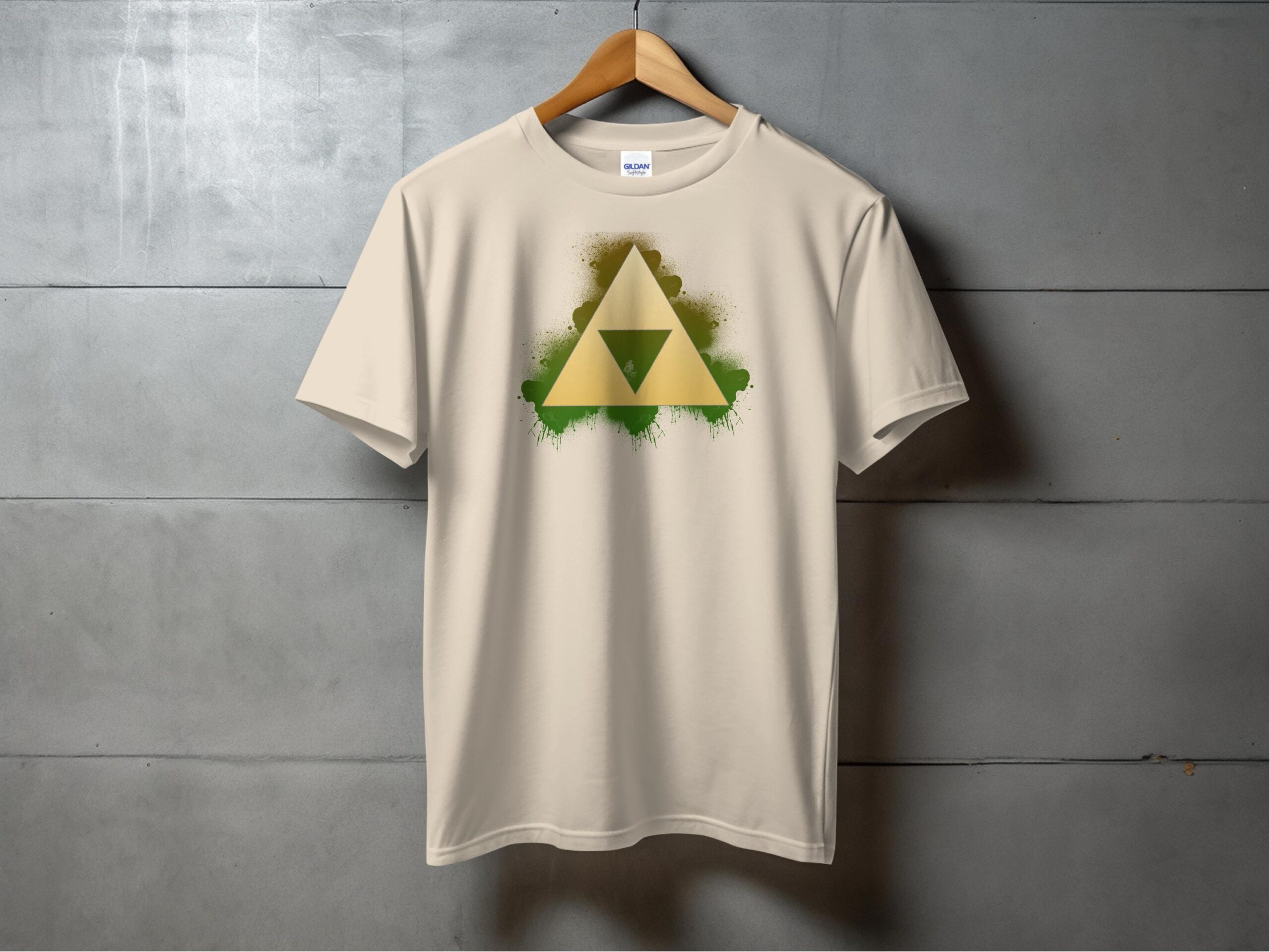 Gold Triangle Emblem Graphic with Green Spray Paint T-Shirt - Image 3