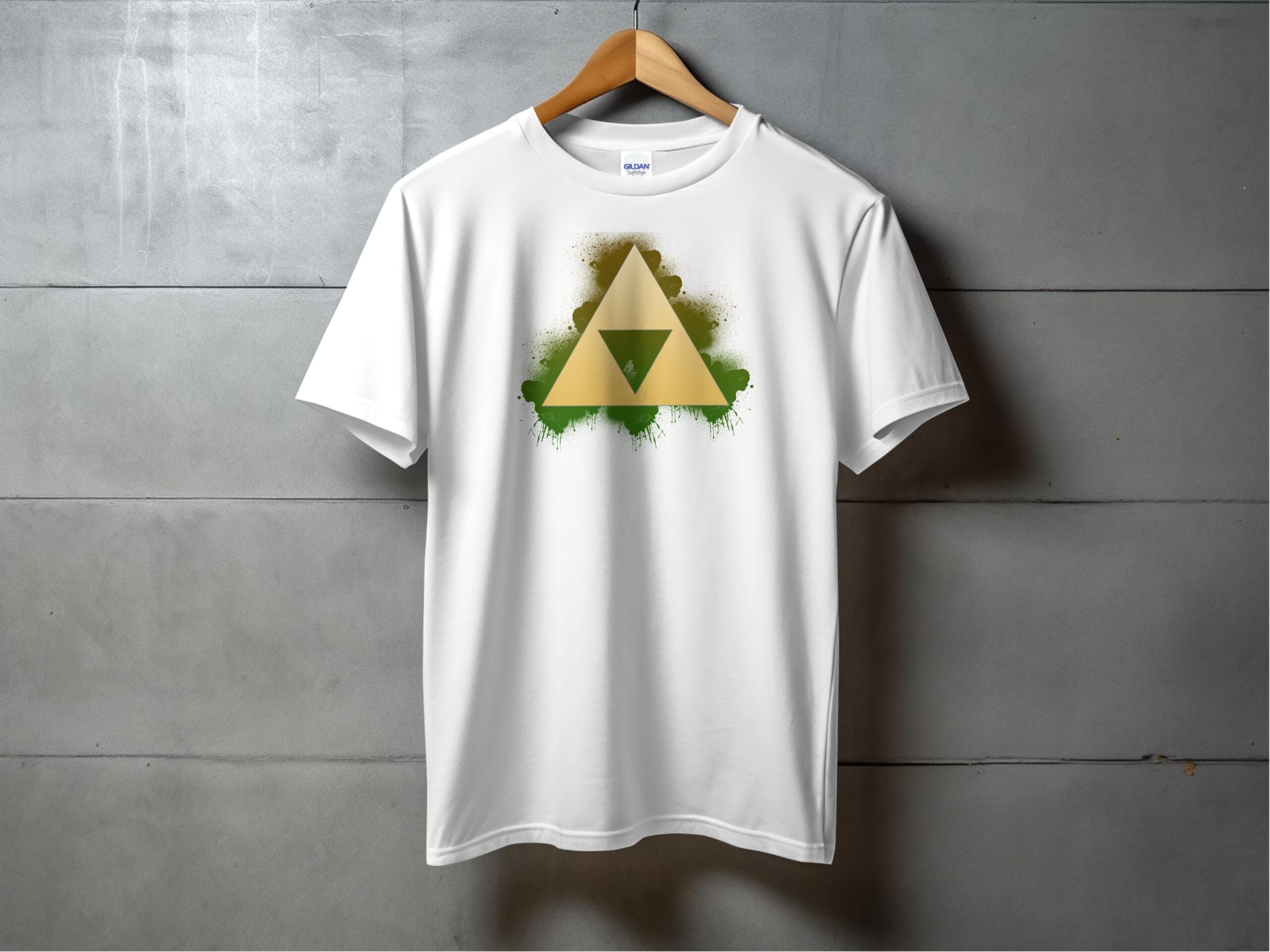 Gold Triangle Emblem Graphic with Green Spray Paint T-Shirt - Image 4